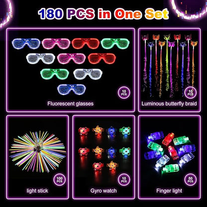 180 PCS Glow in The Dark Party Pack, Light Up Toy Party Supplies with 100 Glow Sticks Bulk, 10 LED Flashing Glasses, 10 Fidget Spinner Bracelets, 10 Fiber Optic Hair, 50 Finger Lights Favors for Kids