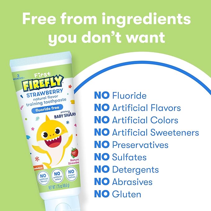 Firefly First Training Kit, Light Up Toothbrush and Natural Strawberry Flavor Training Toothpaste, Baby Shark