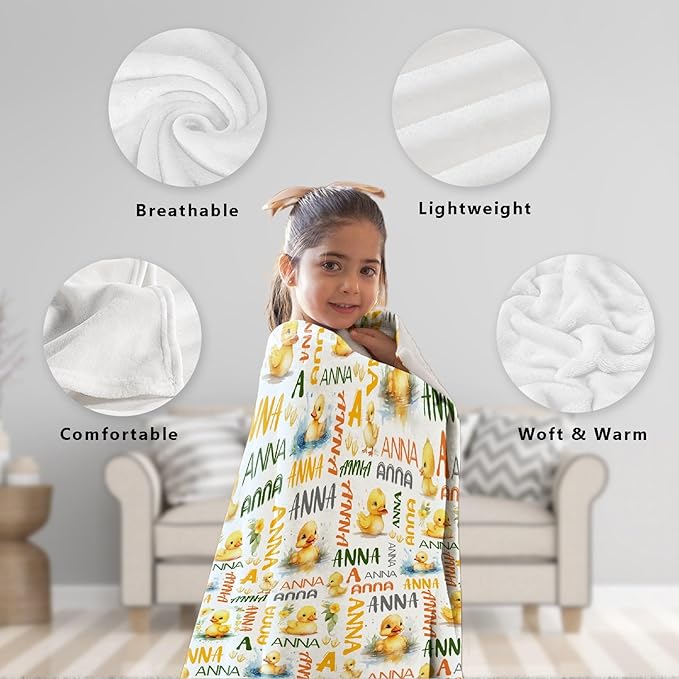 Custom Name Duck Blanket for Girls Adult duck Blanket Kids Funny Blanket Suitable for bedroom bed sofa Crib Couch Chair outdoor All Season Items That Yellow Duck Lovers Will Love 90”×120 ”for Family
