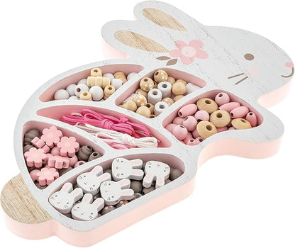 Stephen Joseph, Wooden Bead Kit for Kids, 125 Wooden Beads with 4 Necklace and 4 Bracelet Cords with Reusable Wooden Tray, Premium Wood Jewelry Making Kit for Kids, Bunny