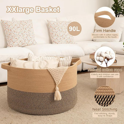 OIAHOMY 90L XXXLarge Blanket Basket for Living Room, 21.7" x 13.8" Woven Cotton Rope Laundry Basket for Organizing Pillows, Decorative Stuffed Animal Toy Storage Bin for Nursery, Jute and Black