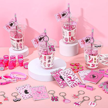 Colarr 161 Pcs Hot Pink Princess Party Favors School Stationery Set Includes Gift Cup Notebook Pencil Sharpener Eraser Keychain Stamp Slap Bracelet Sticker Card Valentine's Day Gift for Child Supplies