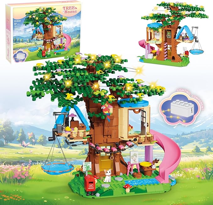 Treehouse Girls Forest Building Set 731PCS Compatible with Lego Friends, Fun Tree House Building blocks Kit Toys with Cat, Slide and Sky Hammock, Christmas Birthday Gifts for Kids Girls 6-12 Years Old