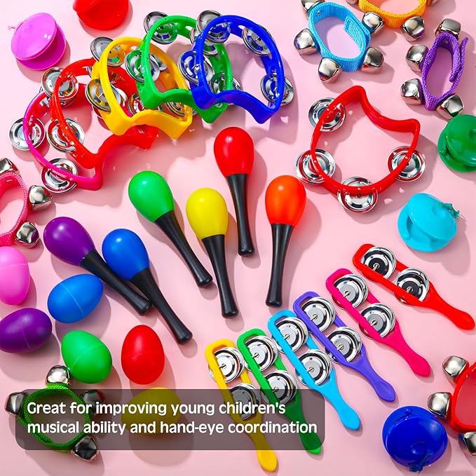 Silipull 108 Pcs Shaker Musical Instruments Set for Kids Early Music Learning Toy Bulk Egg Shaker Wrist Hand Band Bells Maracas Percussion Tambourine Cymbals Plastic Castanets for Preschool