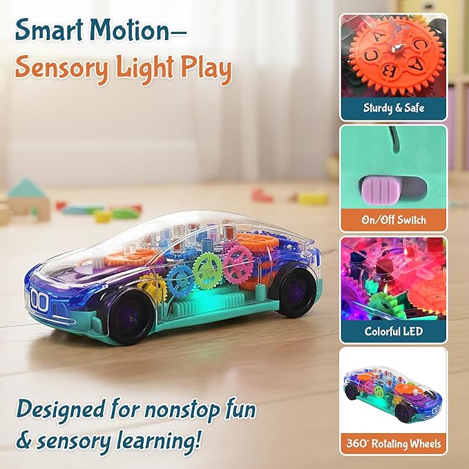 Transparent Sensory Gear Toy Car for Kids, Bump & Go Toy Car with Colorful Moving Gears, Music & LED Lights, Interactive Light Up Toys for Toddlers, Boys & Girls, Great Birthday Gift