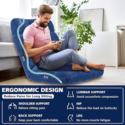 Folding Floor Chair 14-Position Cushioned Adjustable Floor Lazy Sofa Chair w/Breathable Cotton & Skin-Friendly Flannel for Adults & Kids Ideal for Reading Meditating, Navy