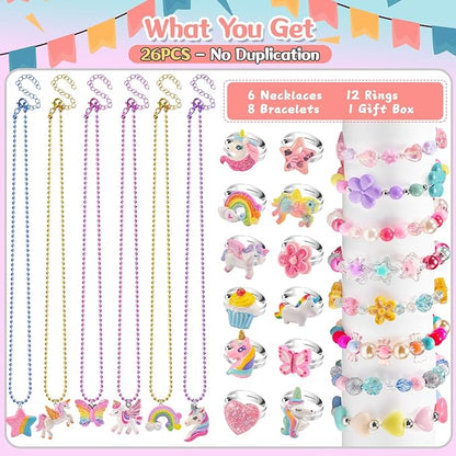 Kids Jewelry for Little Girls Ages 4-6, Unicorn Play Necklace Bracelets Rings for Toddlers Girls 3-5 6-8, Childrens Costume Dress Up Jewelry Set, Princess Gifts for 3 4 5 7 6 8 Year Old Party Favor