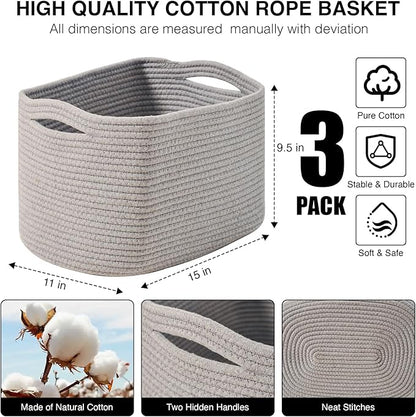 ICERZCZ Storage Baskets for Organizing Shelves, Woven Cotton Rope Bins for Baby Nursery Organization, Book Toy Towel Organizer, 15"x11"x9.5", 3 Packs, Grey