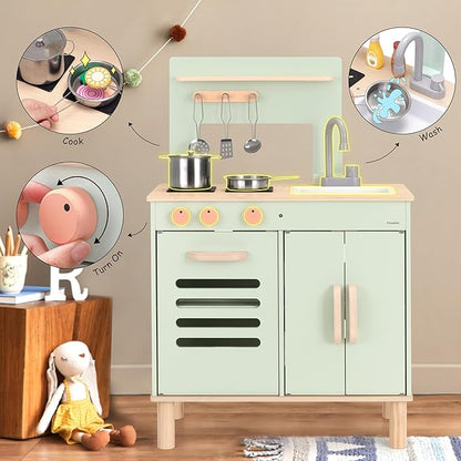 Play Kitchen for Kids, Wooden Toy Kitchen with Cookware Accessories, Chef Pretend Toddler Kitchen Playset, Best Gift for Girls & Boys Ages 3+