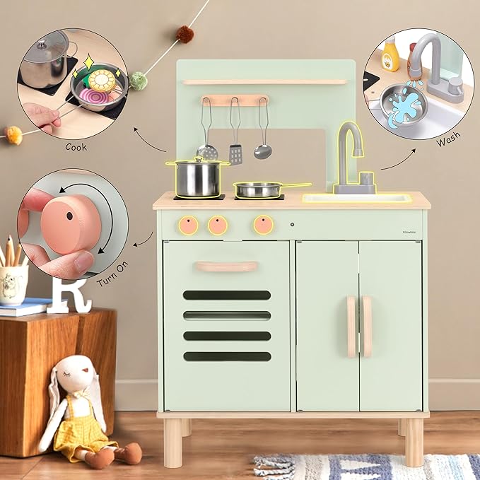 Play Kitchen for Kids, Wooden Toy Kitchen with Cookware Accessories, Chef Pretend Toddler Kitchen Playset, Best Gift for Girls & Boys Ages 3+