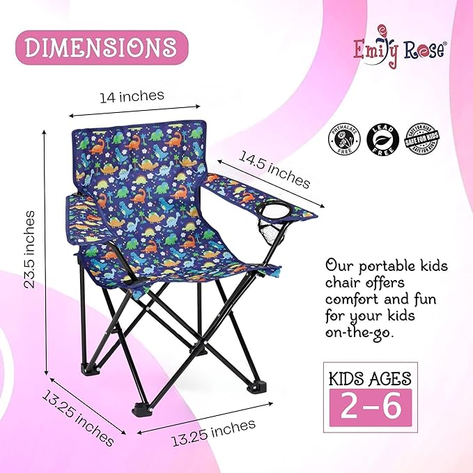 Emily Rose Kids Folding Chair | Beach Chair with Safety Lock- Camping Chair for Boys Girls Toddler with Cup Holder & Carry Case- Tailgate, Travel, Lawn- for Indoor & Outdoor (Playful Dinosaurs)