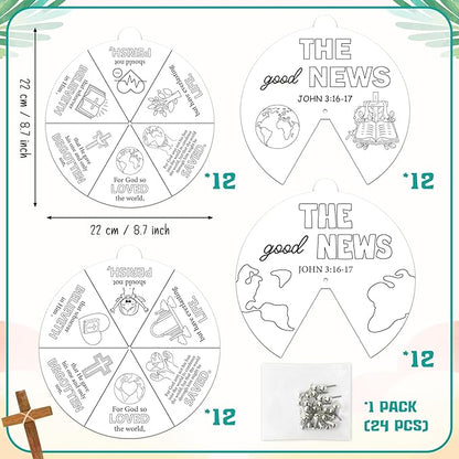 COcnny Religious Christian Craft Activities - 24 Sets John 3:16 Coloring Crafts for Kids, Color Your Own Bible Wheel Cards, DIY Jesus Biblical The Good News Art Paper Game for Sunday School Class Home