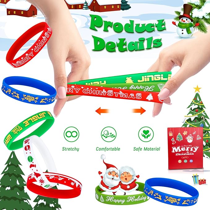Christmas Rubber Bracelets 30 PCS Bulk Christmas Party Favors Stocking Stuffers for Kids Silicone Wristbands Goodie Bags Stuffers Xmas Toys Gifts Party Supplies Decorations Classroom Prizes