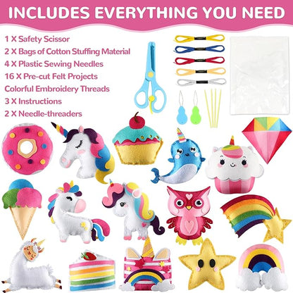 16 Sets Unicorn DIY Stuffed Craft Kit Valentine's Day Sewing Kit Animals Stars DIY Sewing Set for Beginners Cake Educational Gift Set for Boys and Girls Unicorn Felt Ornaments Decorations for kids