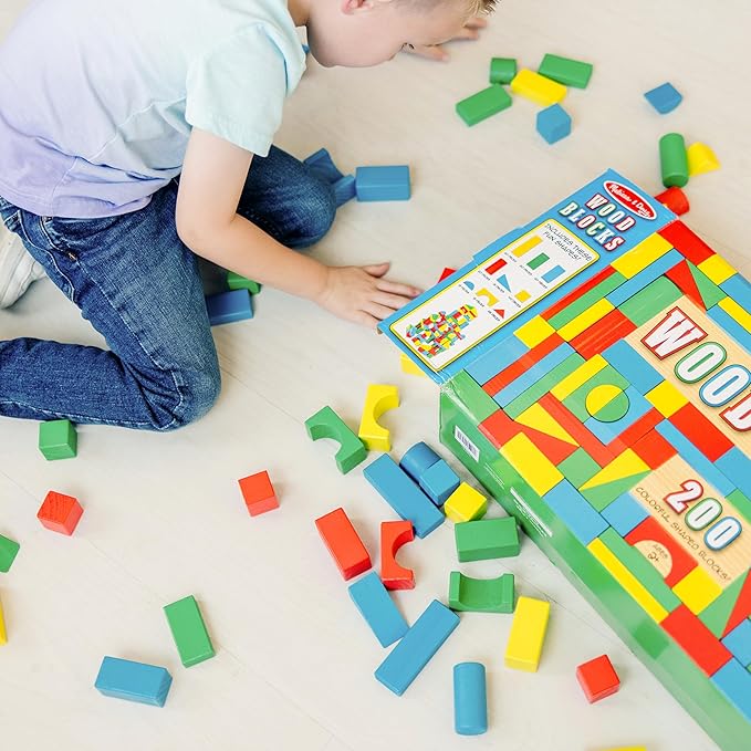 Melissa & Doug Wooden Building Block Set - 200 Blocks in 4 Colors and 9 Shapes