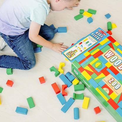 Melissa & Doug Wooden Building Block Set - 200 Blocks in 4 Colors and 9 Shapes