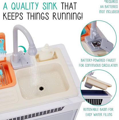 Lil’ Jumbl Kids Wooden Kitchen Set, Pretend Working Sink with Real Running Water, Includes Range Hood, Microwave & Stove Top That Make Realistic Sound & Light, Full Accessory Set Included