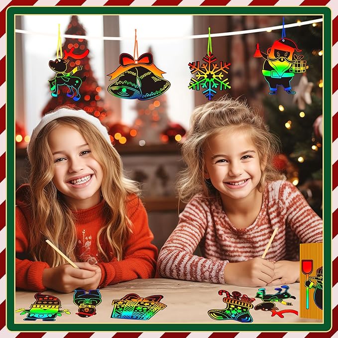 FEBSNOW Christmas Crafts for Kids, Magic Rainbow Christmas Scratch Art Paper Cards Christmas Tree Hanging Ornaments Christmas Gifts for Kids Holiday Party Favors Games (Christmas)