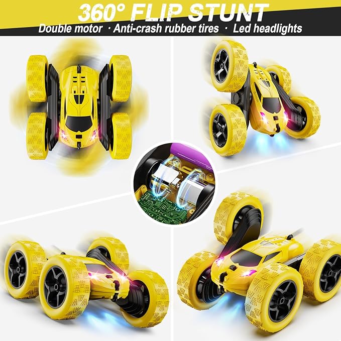 Remote Control Car, RC Car Toys for 6-12 Year Old Boys, Off Road RC Stunt Car 4WD 360° Rotating Remote Control Car for Kids, Boys Girls Gifts for Birthday, Christmas Yellow