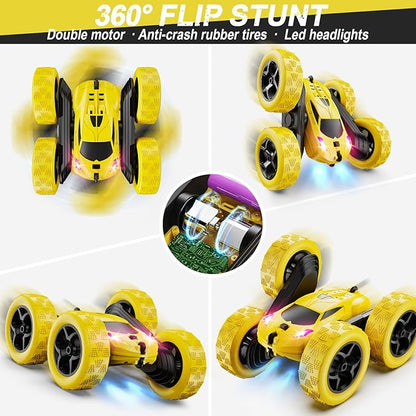 Remote Control Car, RC Car Toys for 6-12 Year Old Boys, Off Road RC Stunt Car 4WD 360° Rotating Remote Control Car for Kids, Boys Girls Gifts for Birthday, Christmas Yellow