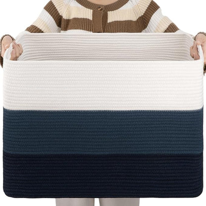 OIAHOMY 108L Large Cotton Rope Basket, Rectangle Woven Baskets for Storage, Nursery Blanket Storage Living Room, Toy Basket With Handle-25”x16”x16”-Gradient Blue