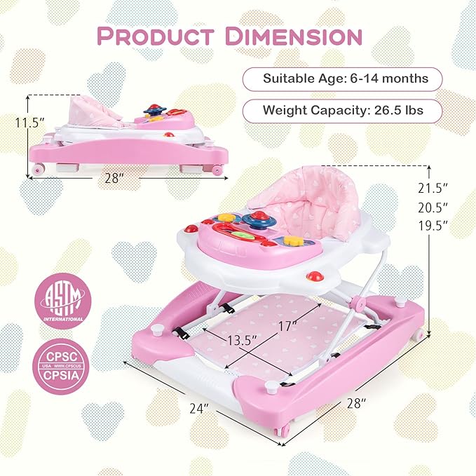 BABY JOY 6-in-1 Baby Walker, Foldable Baby Walker with Wheels, Adjustable Height, Music, Lights, Bouncer & Rocker Mode, Baby Walkers for Boys Girls 6-14 Months (Pink)