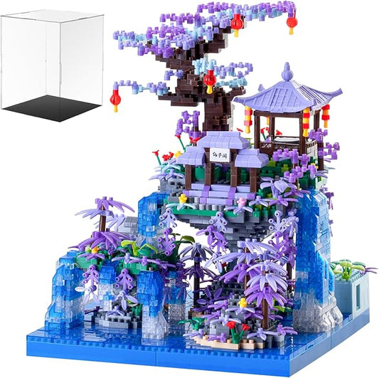 Peach Blossom Pond Japanese Architecture Building Blocks Set for Adults and Kids with Acrylic Display Cover, Micro Mini Bricks Cherry Blossom Tree House Building Kit 2500+PCS