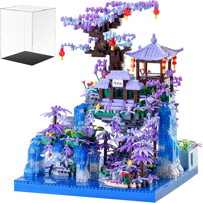 Peach Blossom Pond Japanese Architecture Building Blocks Set for Adults and Kids with Acrylic Display Cover, Micro Mini Bricks Cherry Blossom Tree House Building Kit 2500+PCS