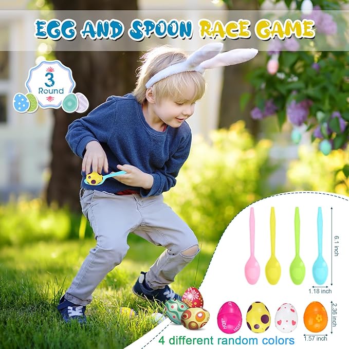 Hiboom 38 Pcs Easter Party Games for Adults, Include Potato Sack Race Bags Easter Bean Bag Toss Game 3 Legged Race, Egg Spoon Race Game, Inflatable Bunny Ring Toss Game for Easter Games