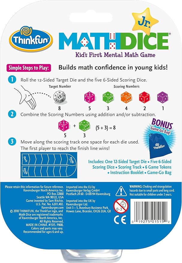 ThinkFun Math Dice Junior Game - Engaging Math Skills Builder | Perfect for Kids Aged 6+ | Aids in Mental Agility | Toy of The Year Nominee