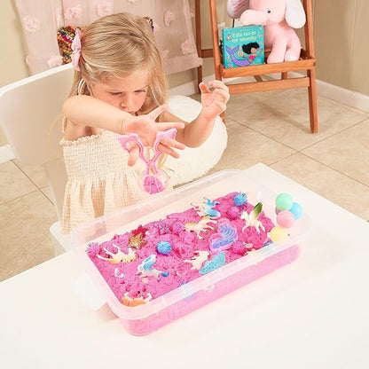 38 PCS Unicorn Sensory Sand Bin-Magic Sand, Sensory Bin for Toddlers & Sand Scooper-Count Sparkly Pom-Poms, Bring Unicorns to Life in a Magical Fairytale-Ideal Gift for Kids