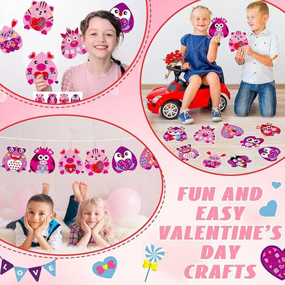Qyeahkj 36 Sets Valentine's Day Animal Crafts for Kids DIY Valentines Craft Paper Kits Make Your Own Heart Owl Tiger Rabbit Bee Frog Bear Set for Valentine Spring Party Activity Game Toys