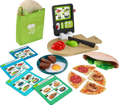 Fisher-Price Preschool Kitchen Playset Laugh & Learn 123 Follow The Recipe Meal Kit 30-Piece Pretend Cooking Toy Set for Ages 3+ Years
