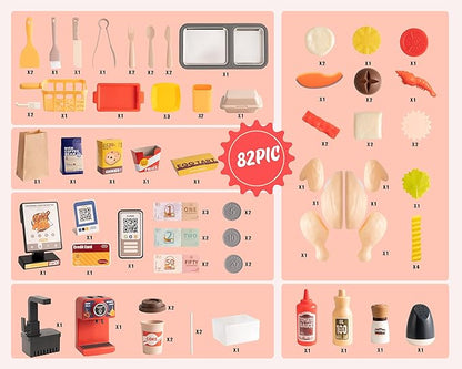 Kids Kitchen Play Set，Interactive Kids Kitchen Play Set with 82Pcs of Kitchen Toys，Realistic Sound Effects，and Simulated Functionality - Suitable for Toddlers (Red Kitchen Play Set)