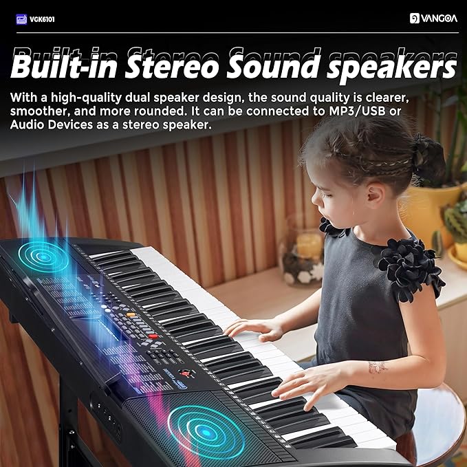 Vangoa 61 Key Keyboard Piano, Light-Up Electric Piano Keyboard Kit with 600 Voices, 400 Rhythms with Piano Stand, Microphone, Recording/USB, Gift for Beginners, Black (VGK6101)