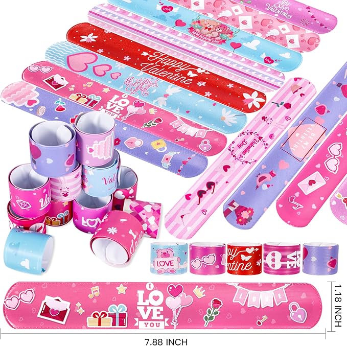 48 Pcs Valentines Day Slap Bracelets with Colorful Hearts for Birthday Gifts for Kids Party Supplies Favors Classroom Exchange Birthday Giveaways Game Prizes Kids Party Favors