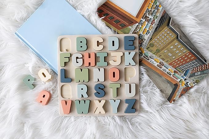 Pearhead Wooden Alphabet Puzzle, Colorful ABC Letters, Interactive Learning Board Educational Montessori Toy, Baby and Toddler Ages 1+ Years