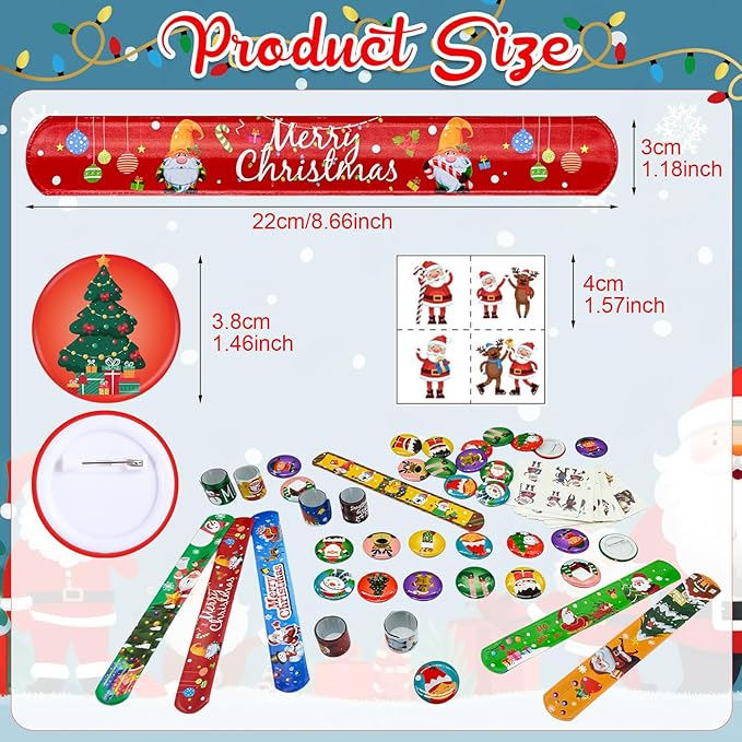 Cinrobiye 144pcs Christmas Slap Bracelets Button Pins Tattoo Stickers Christmas Snap Bracelets Xmas Badges Party Favors Supplies for Holiday School Reward Goodie Bag Stocking Stuffers Fillers(Set 1)
