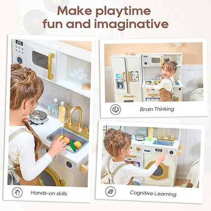 Kids Kitchen Playset with Realistic Design, Luxury Play Kitchen with Extended Storage Cabinets, Toy Kitchen for Toddlers with Coffee Counter, Cookware Accessories, Oven, Microwave (White)