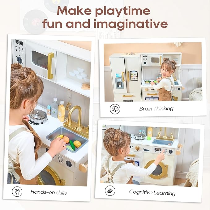 Kids Kitchen Playset with Realistic Design, Luxury Play Kitchen with Extended Storage Cabinets, Toy Kitchen for Toddlers with Coffee Counter, Cookware Accessories, Oven, Microwave (White)