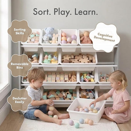 Humble Crew Toy Storage Organizer with 16 Removable Storage Bins for Kids Playroom, 4-Tier Toddler Toy Organization and Storage, Dark Grey/White