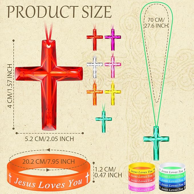 PerKoop 120 Pcs Christian Gifts Include Jesus Loves You Silicone Bracelets and Plastic Cross Necklace for Christian Party Favors