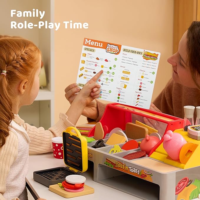 Play Kitchen Food Toy - 40 PCS Toss ‘n Toast Sandwich Making Set with Magic Slicer, Menu Guide and Panini Toy - Interactive Order & Takeout & Checkout Fun for Girls Boys Toddlers