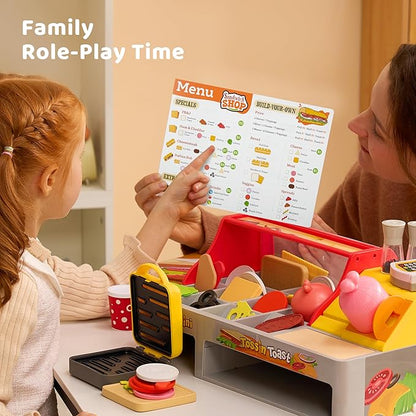 Play Kitchen Food Toy - 40 PCS Toss ‘n Toast Sandwich Making Set with Magic Slicer, Menu Guide and Panini Toy - Interactive Order & Takeout & Checkout Fun for Girls Boys Toddlers