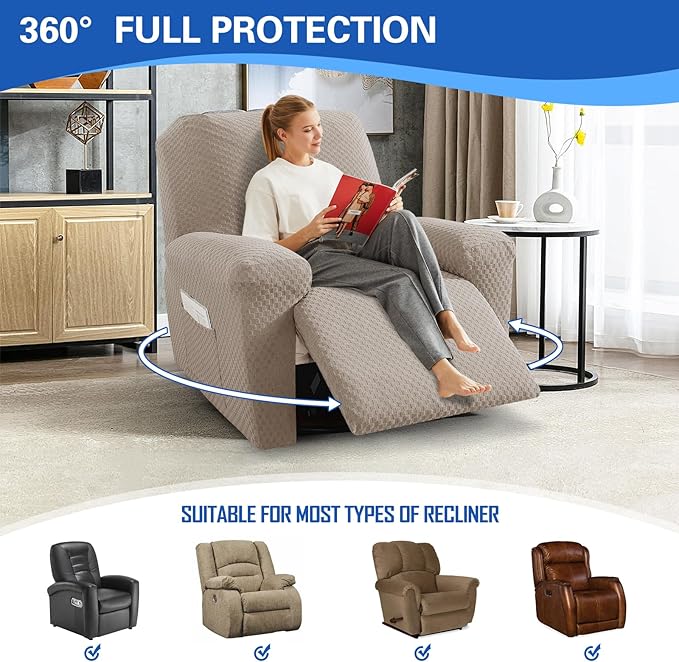 MAXIJIN Recliner Cover Slipcovers for Living Room 4 Pieces Stretch Jacquard Recliner Chair Cover Soft Fitted Recliner Protector with Elastic Bottom for Kids, Pets (Recliner, Khaki)