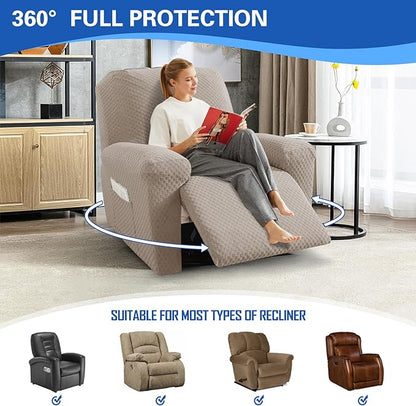 MAXIJIN Recliner Cover Slipcovers for Living Room 4 Pieces Stretch Jacquard Recliner Chair Cover Soft Fitted Recliner Protector with Elastic Bottom for Kids, Pets (Recliner, Khaki)