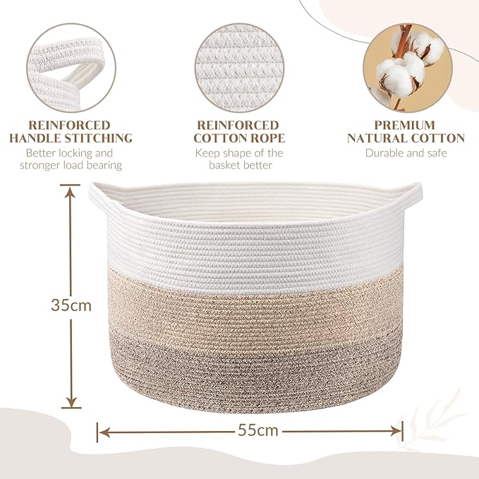 Maliton Extra Large Blanket Basket Living Room, 22" X 22" X 14" Woven Cotton Rope Laundry Basket Toy Baskets with Handle Storage Comforter Cushions Clothes Thread Laundry Hamper