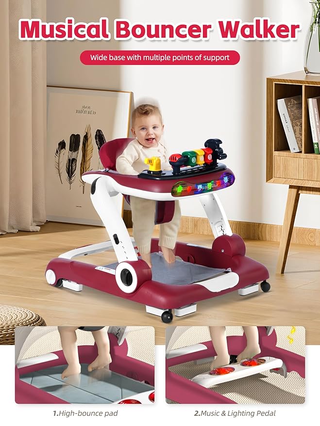 Music and Lights Baby Walker with Wheels, 6 in 1 Baby Activity Center w/Ergonomic backrest Design, Baby Walkers for Boys w/Foot Pads, Music Bouncer Walkers for Boys Girls Babies 6-18 Months, Red