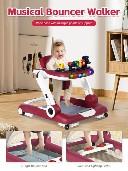 Music and Lights Baby Walker with Wheels, 6 in 1 Baby Activity Center w/Ergonomic backrest Design, Baby Walkers for Boys w/Foot Pads, Music Bouncer Walkers for Boys Girls Babies 6-18 Months, Red