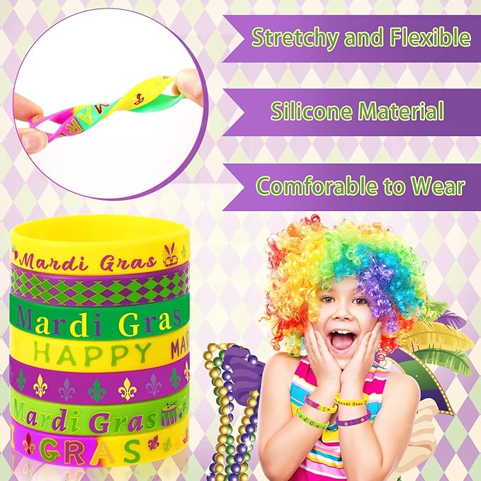 JUNEBRUSHS Mardi Gras Party Favors, 42Pcs Mardi Gras Silicone Rubber Wristbands Bracelets for Mardi Gras Carnival Birthday Party Supplies Decorations Goodie Bag Stuff Fillers
